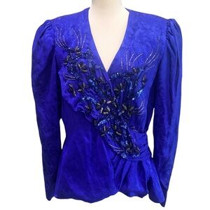 Vintage Silk Blue Embellished Women's Top 80s Della Sequin Blouse